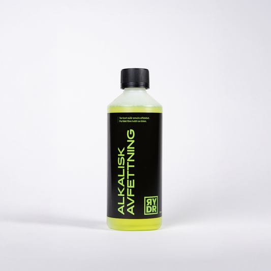 Genomskinlig flaska med transparent neongrön RYDR Alkalisk avfettning, 500ml.