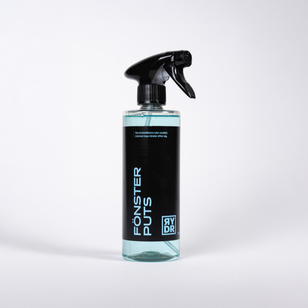 Genomskinlig sprayflaska med transparent blå RYDR Fönsterputs, 500ml.